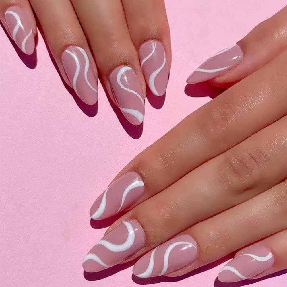 DaPlug Feilisa Long False Nails Tips-Almond Press on Nails Swirls Glossy Acrylic Full Cover Lines Pink False Nails for Women and Girls-24Pcs (Pink1)