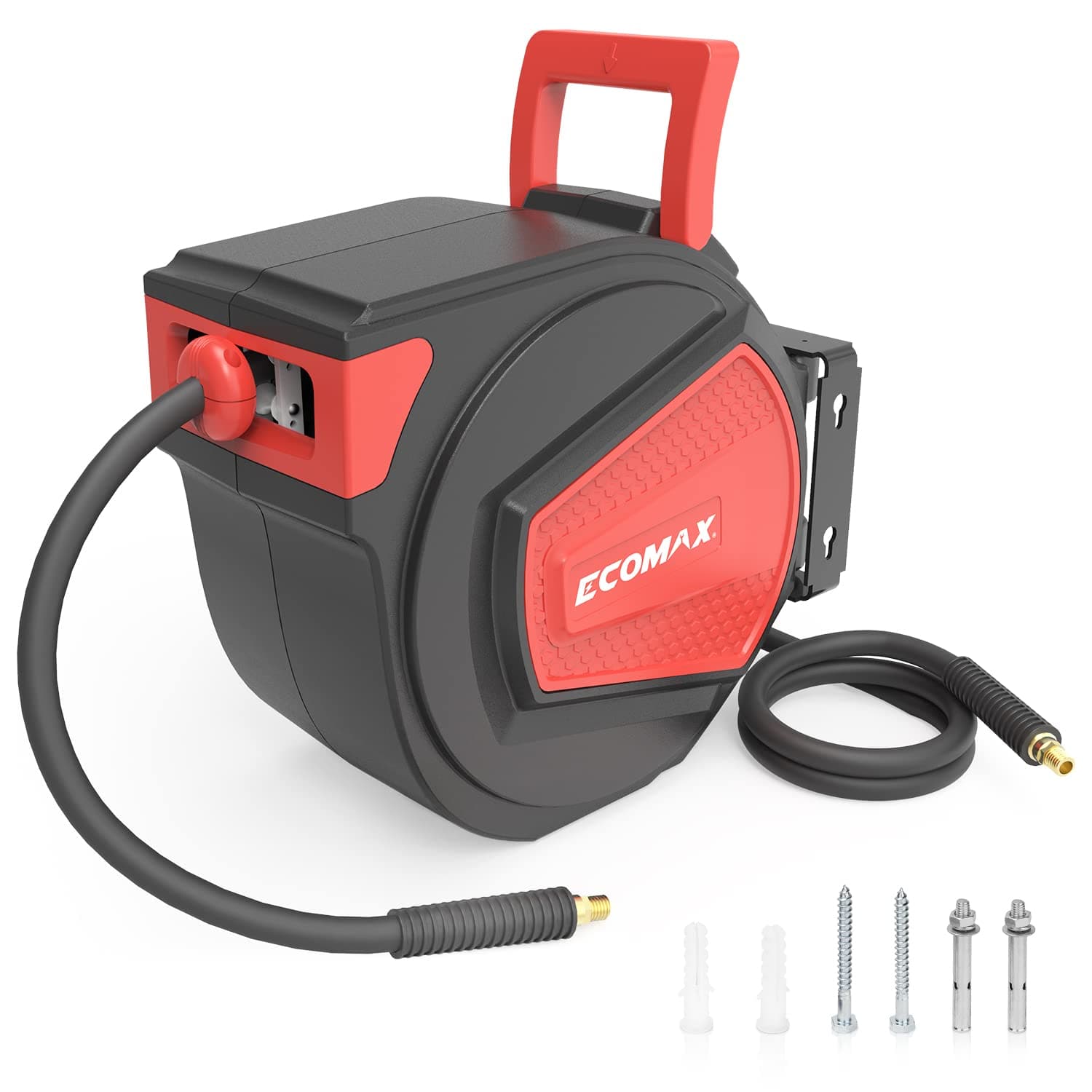 Ecomax 3/8 in. x 50 ft Retractable Enclosed Air Hose Reel with Auto Rewind, Heavy Duty Reel, NPT 1/4 Inch, Any Length Lock, 180° Swivel Bracket, MAX Pressure 348 PSI, Model: ELG08, Black & Red