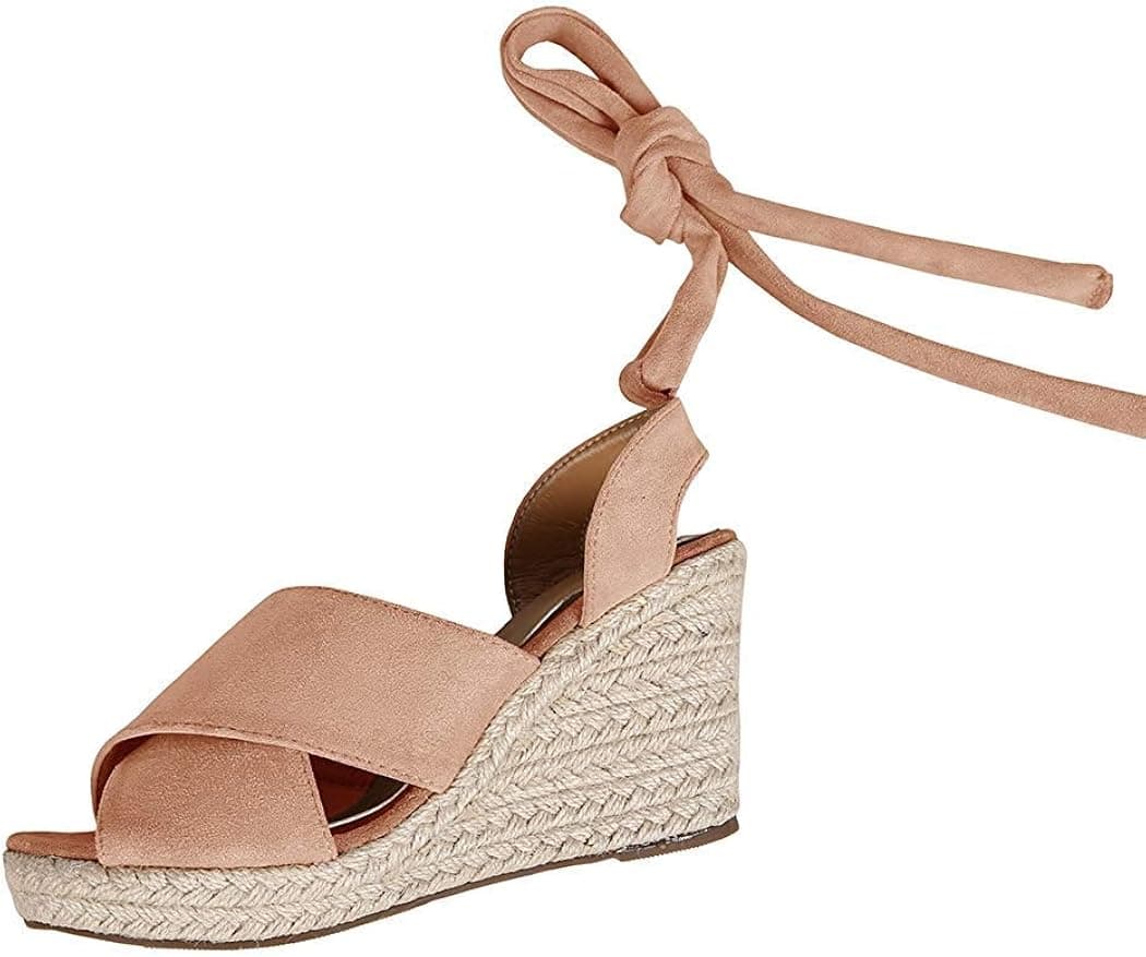 Runcati Womens Espadrille Wedge Platform Peep Toe Sandal Lace Up Summer Ankle Wrap Shoes Slingback Dress Shoes