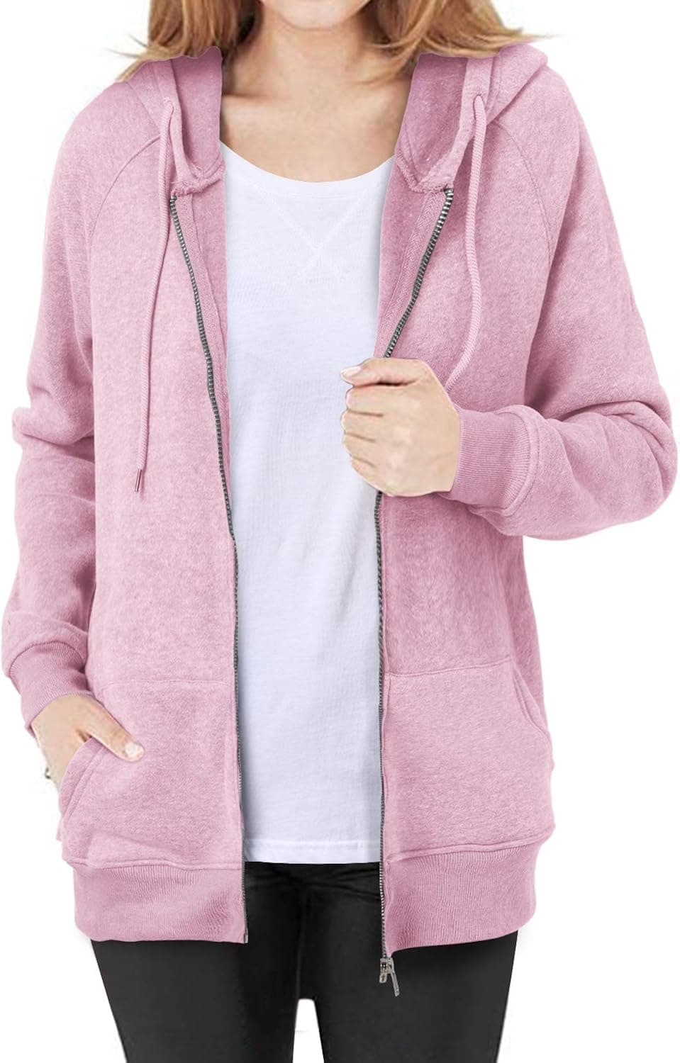 Kidsform Women Hoodie Long Sleeve Zipper up Casual Sweatshirts Solid Hooded Jacket Coat Pink M