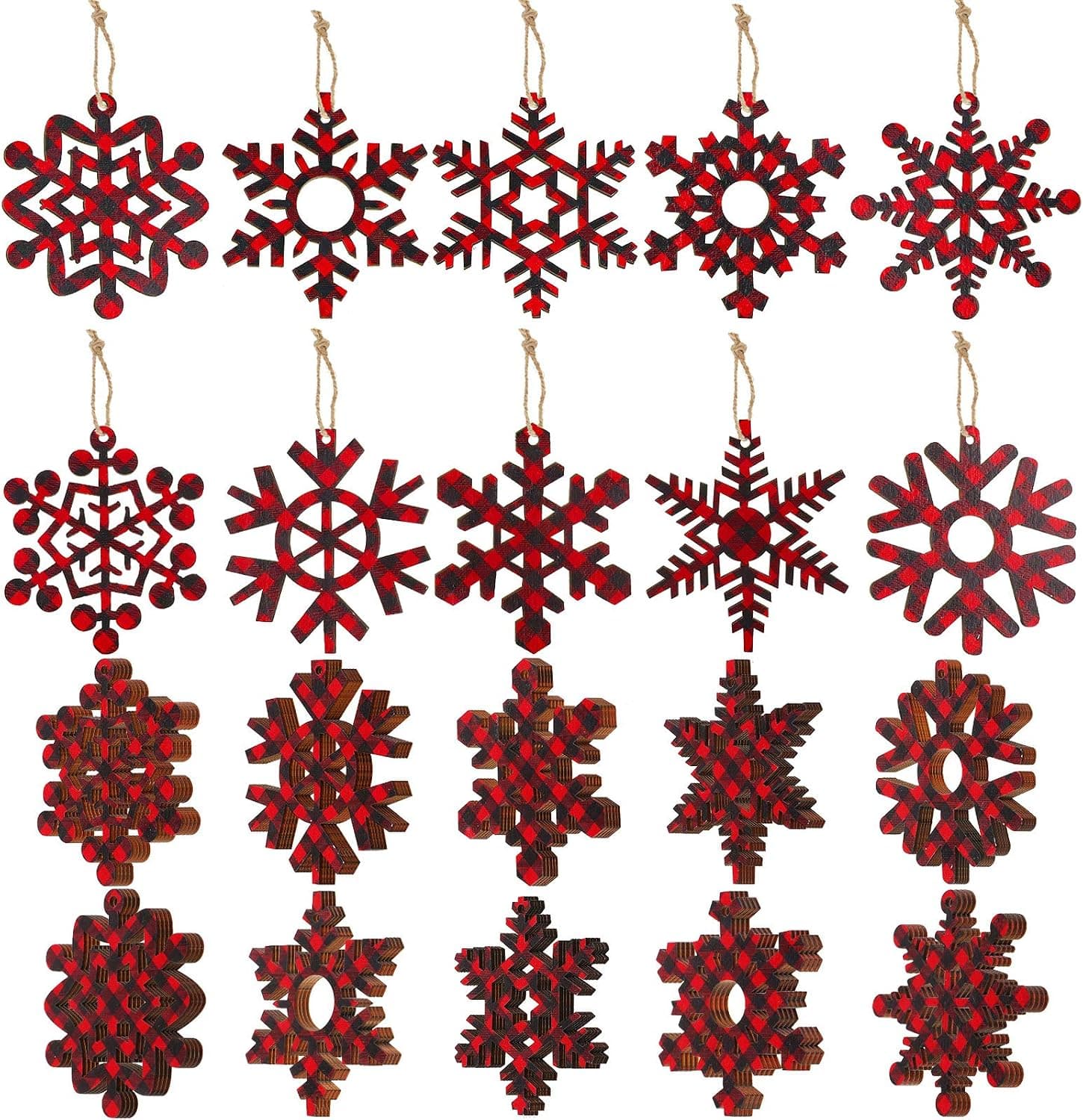 40 Pieces Buffalo Plaid Christmas Wooden Snowflake Ornaments Snowflakes Wood Slices Crafts Wood Set with 40 Pieces Twines for DIY Crafts Christmas Holiday Decorations (Red and Black)