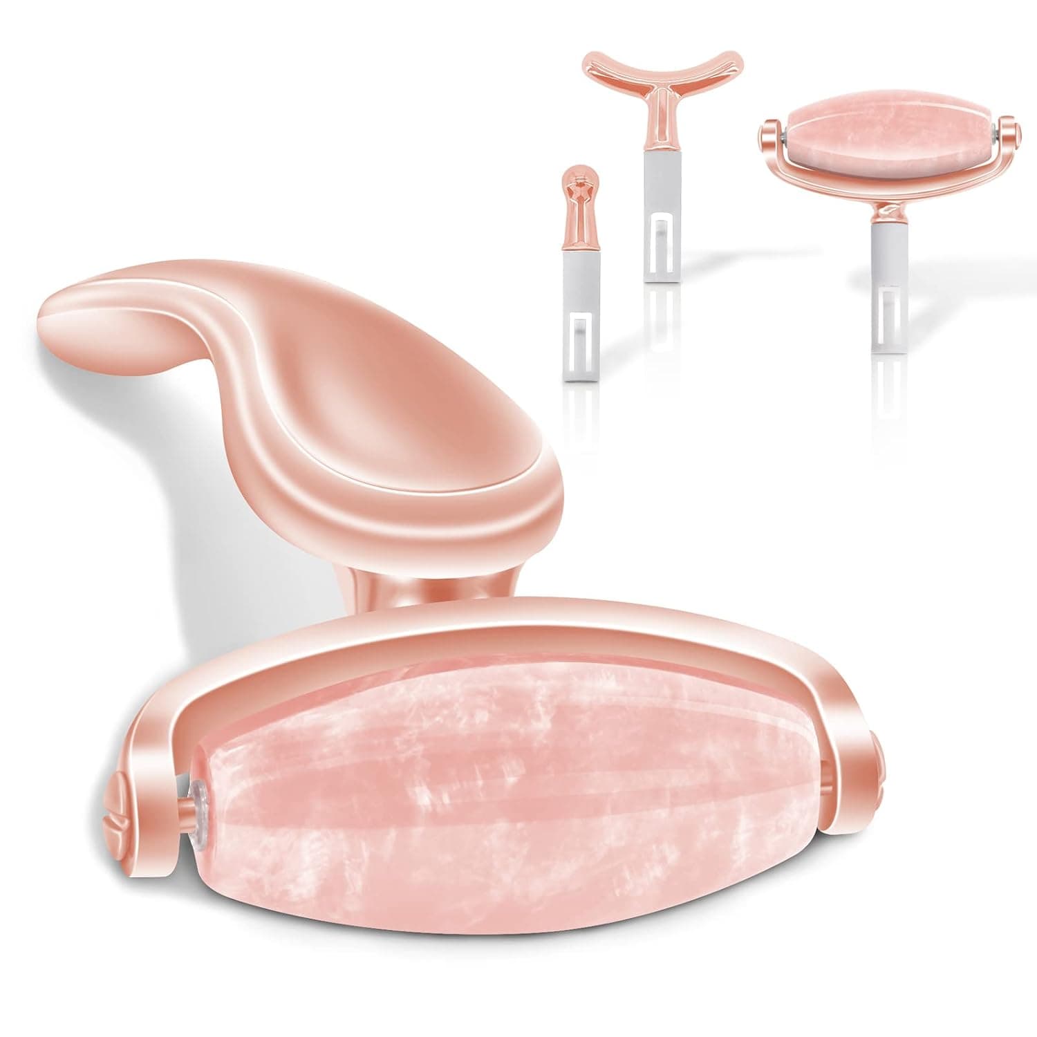 Detachable Jade Face Roller with Face Lift Eye Massager, Anti Aging Facial Roller Massager Women Facial Beauty Routine Skin Care Tools for Reducing Puffiness Wrinkle (Pink Roller + Rose Gold)