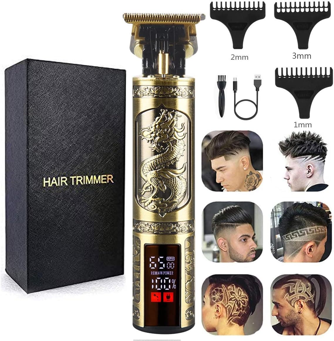 XASMA Professional Hair Clippers for Mens Zero Gapped Cordless Hair Trimmer Professional Haircut & Grooming Kit for Men Rechargeable LED Display (LED-Dragon)