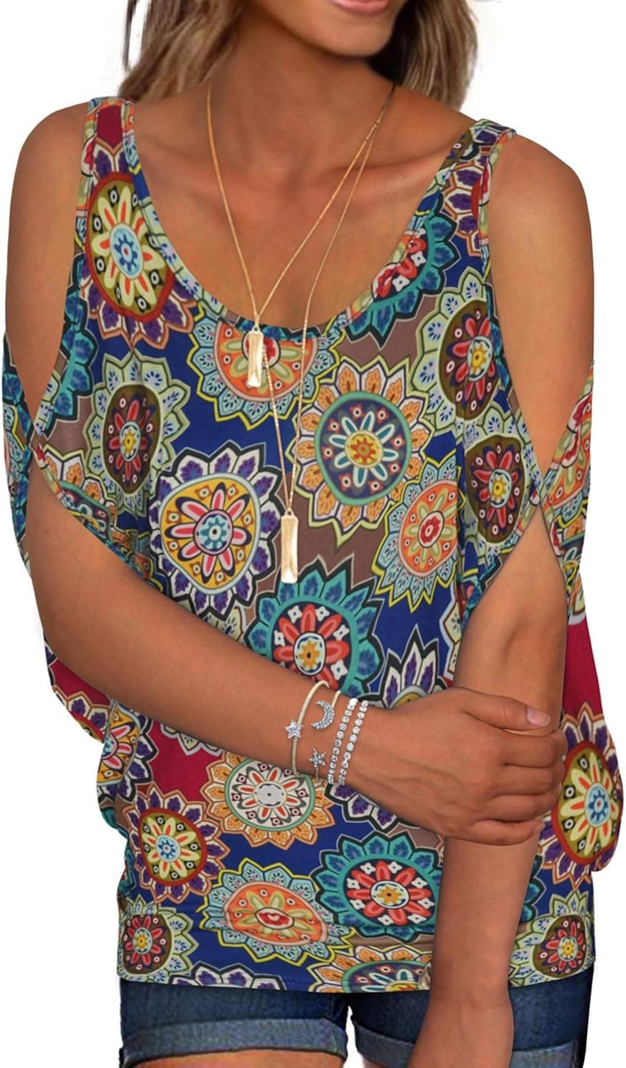 RANPHEE Women's Navy Floral Summer Cold Shoulder Tops Casual Scoop Neck Short Sleeve T-Shirt