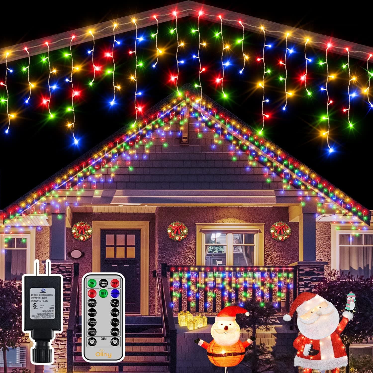 Ollny Icicle Christmas Lights Outdoor 486LED 40FT - 8 Modes Timer IP44 Waterproof Connectable Fairy String Lights, Remote Plug In for House Yard Patio Indoor Outside Christmas Decorations - Multicolor
