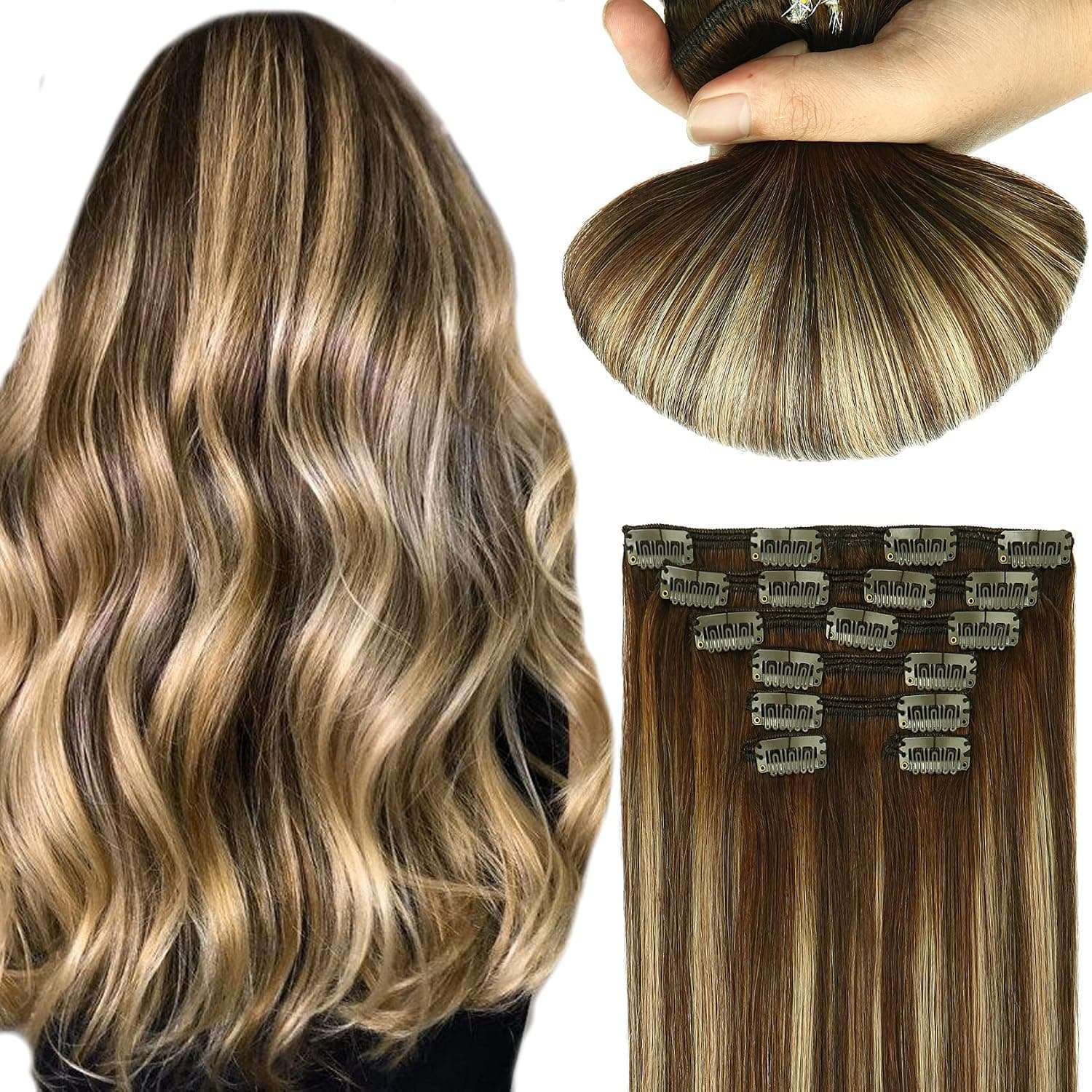 Mushroom Brown Hair Extensions Clip In Hair Extensions Human Hair Natural Black Ombre Brown 120g 7Pcs Double Weft Thick End For Full Head No Tangle Silky Straight Balayage Extensions(MB#16'')