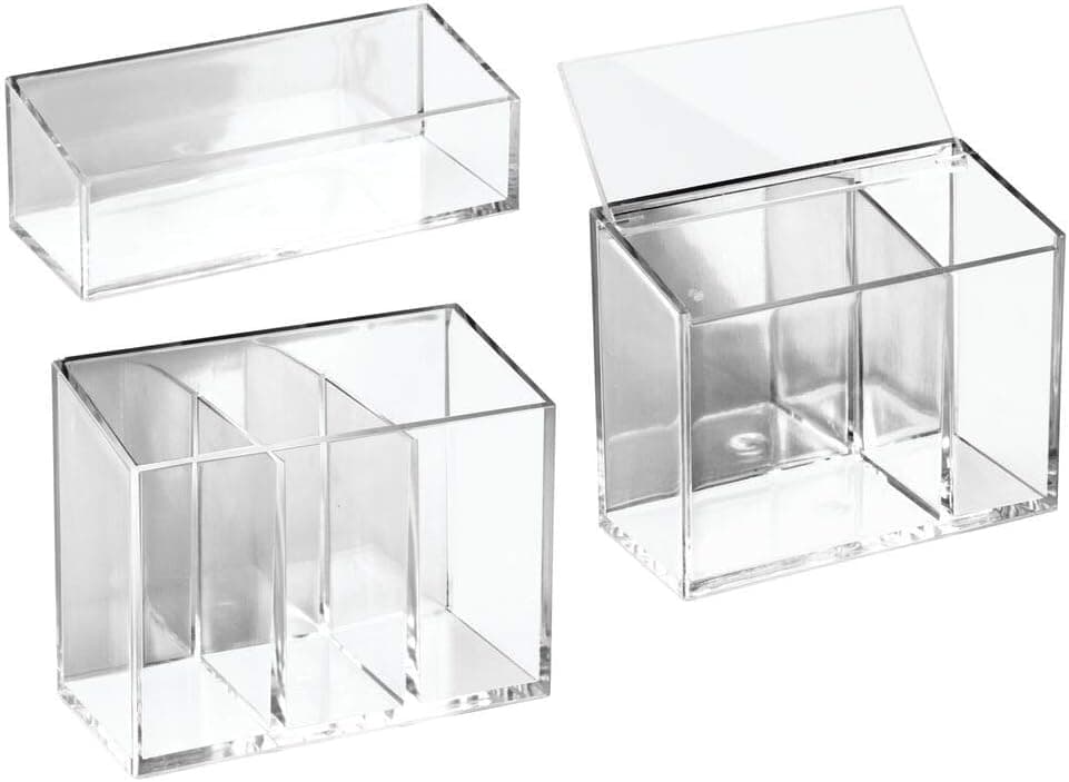 mDesign AFFIXX, Peel-and-Stick Strong Self-Adhesive Cosmetic Organizers for Vanity to Hold Makeup, Beauty Products - Set of 3, Clear/Mirrored Accent