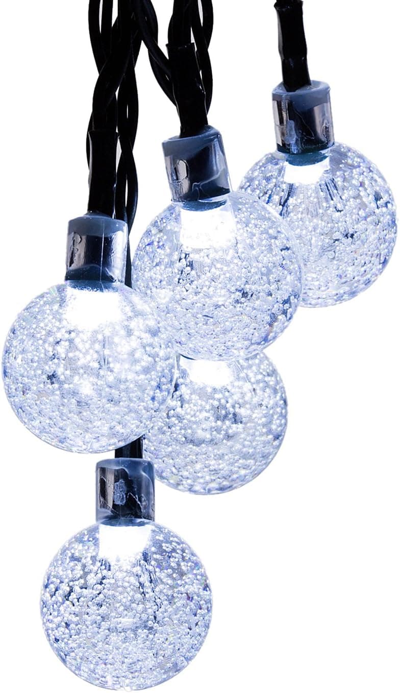 Y-ZONE Outdoor Solar Powered Crystal Ball String Lights 21ft 30 LED 8 Modes White Waterproof Decorative Christmas Fairy Globe Lighting for Indoor Party Garden Tree Fence Patio Wedding Decoration