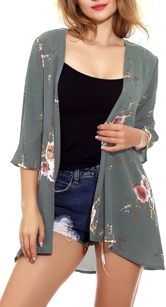 Womens Kimono 3/4 Sleeve Cover Up Floral Chiffon Cardigan Capes (Gray, 2XL)