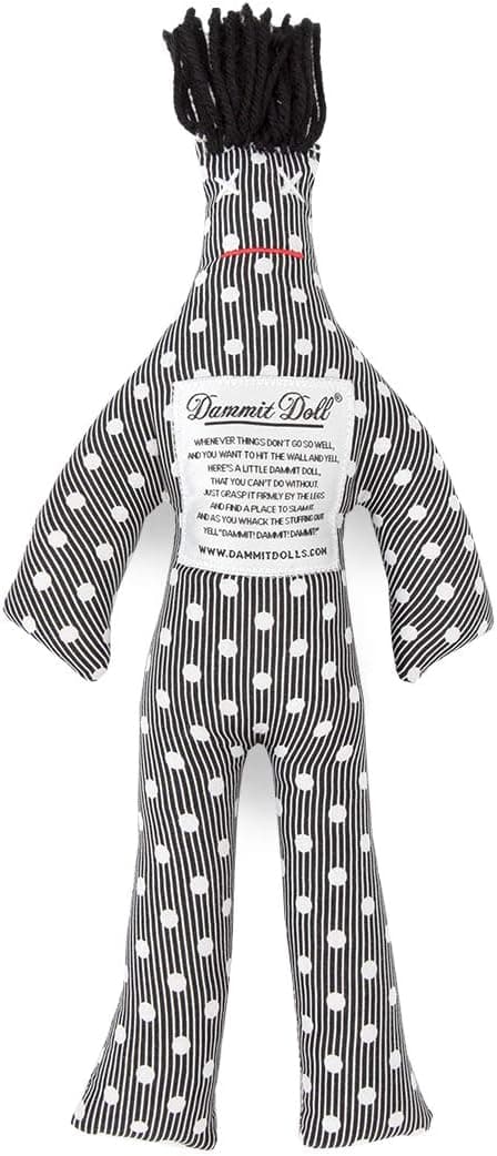 Dammit Doll - Classic Mixed Feelings Stress Doll- White Dots & Thin Horizontal Stripes on Black, Black Hair- Stress Relief, Gag Gift