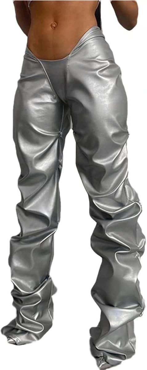 LROSEY Women's Metallic Pants Hipster Faux PU Leather V Waist Stacked Trousers