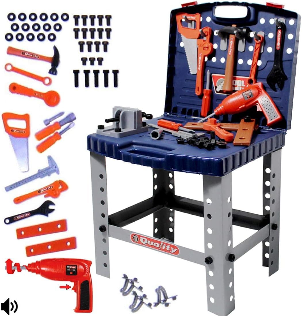 deAO WorkShop and Tools Carrycase PlaySet Mechanic Work Bench with Fold Up Design Includes Multiple Accessories and Electric Drill - BLUE