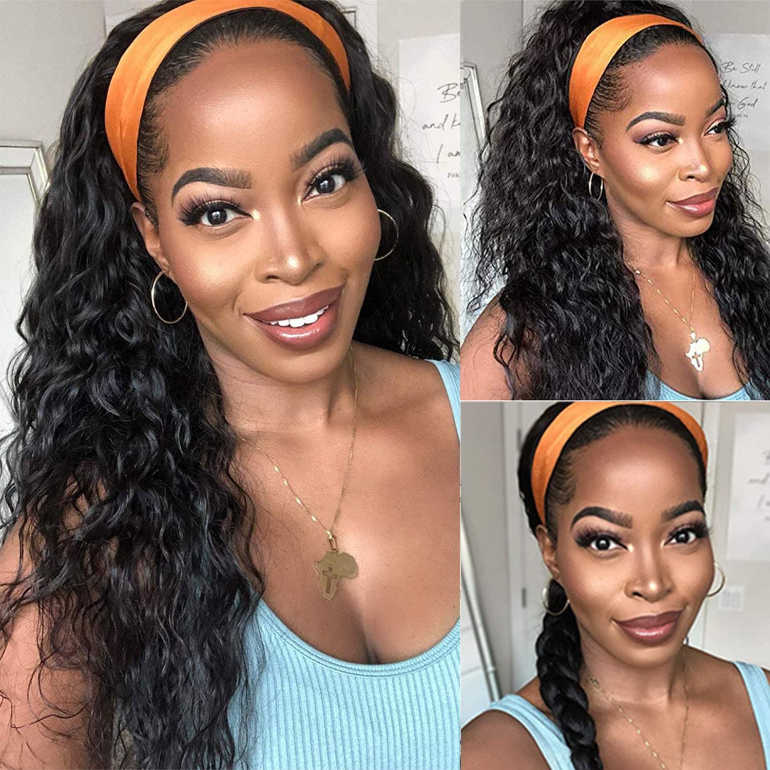 Headband Wig Human Hair 9A Glueless Human Hair Headband Wigs for Black Women Water Wave None Lace Front Wigs Brazilian Virgin Hair Machine Made Headband Wigs Natural Color 150% Density (26 Inch)