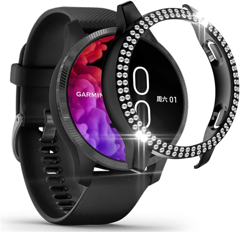 Compatible for Garmin Venu Double Row Diamond PC Plating Bumper Case Bling Crystal Diamonds Shiny Glitter Frame Hard Protective Cover for Garmin Venu Watch (Black)