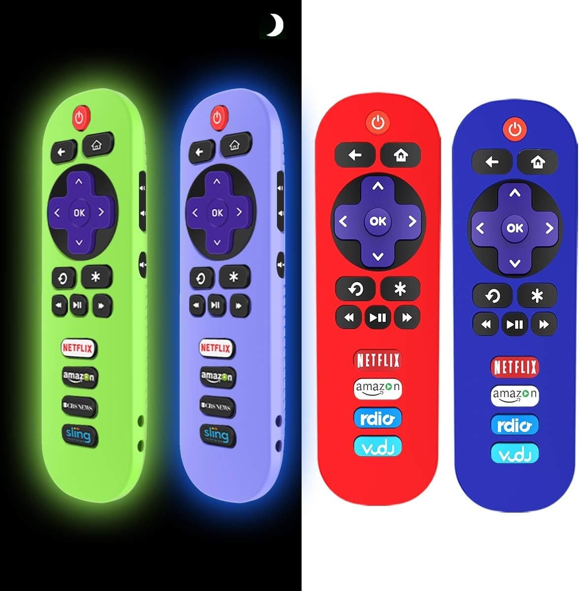 [4 Pack] Silicone Case for TCL Roku TV RC280 Remote, Protective Universal Replacement Lightweight/Shockproof TCL Roku TV Remote Cover with Lanyard (Glow Blue+Glow Green+Red+Blue)