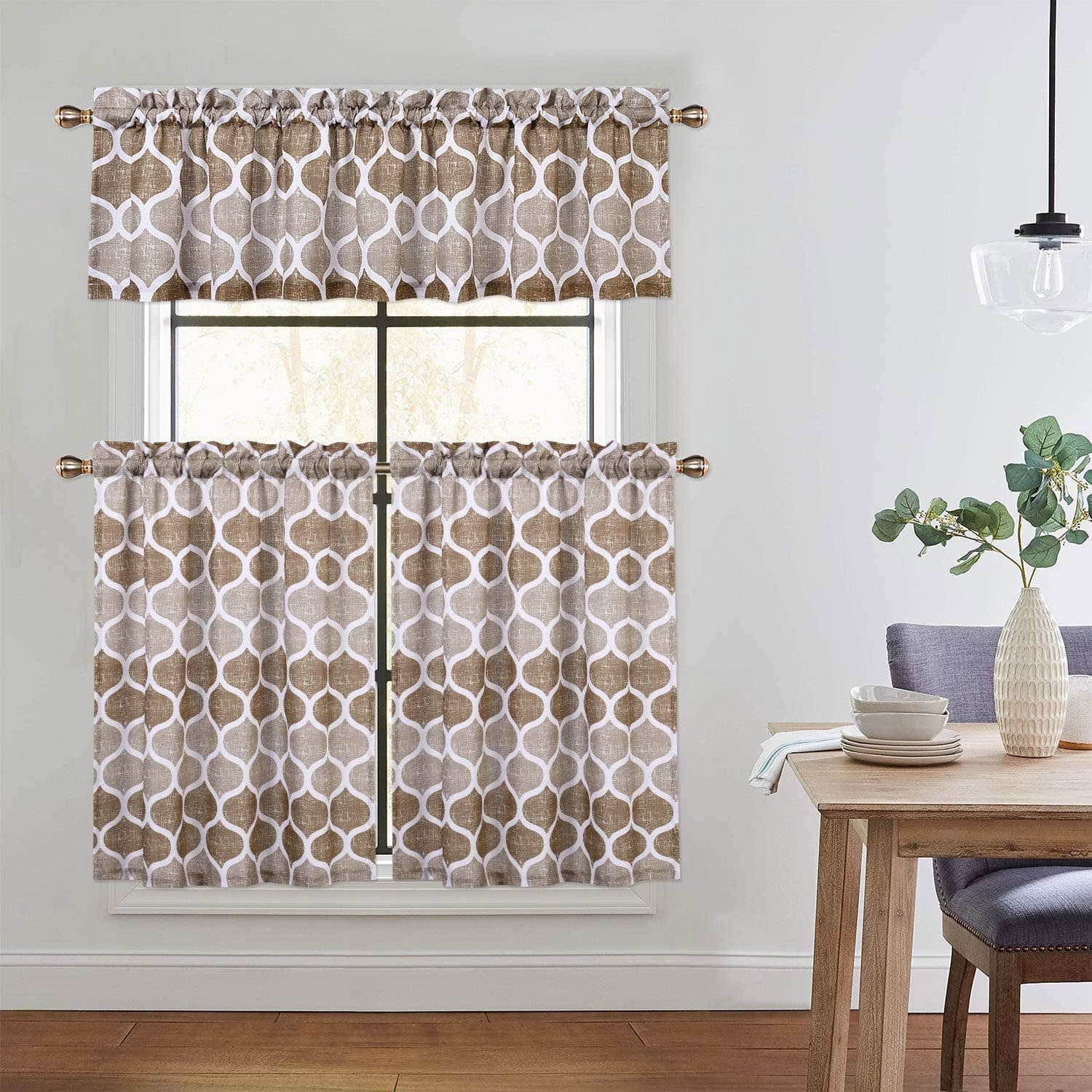 CAROMIO Cafe Curtains 36 Inch Length with Valance, Geometric Printed Short Farmhouse Kitchen Tier Curtains and Valance Set Bathroom Window Curtains, Brown/Taupe