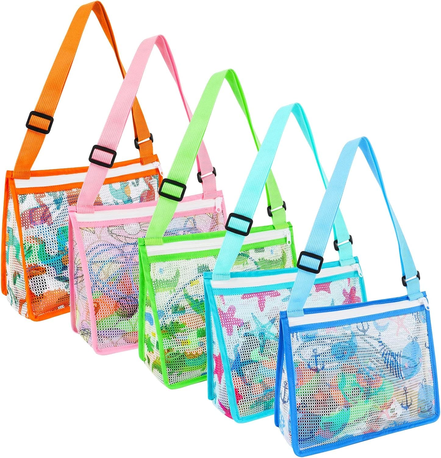 Meetory 5 Pack Mesh Beach Bags Kids Beach Toys, Sea Bags for Picking Up Shells Beach Backpack Storage Bags with Adjustable Straps Sand Toy Totes Swimming Accessories for Boys and Girls