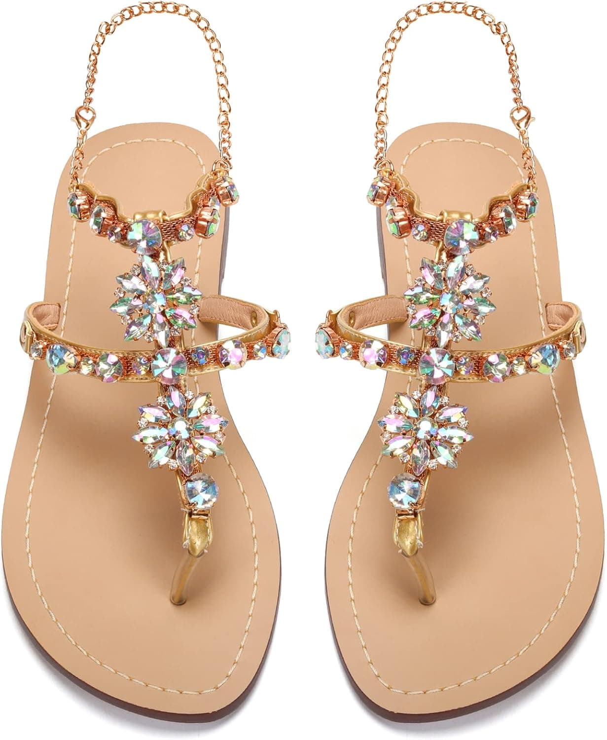 azmodo Women Bedazzled Bling Rhinestones Chains Thong Boho Beach Flat Bridal Crystal Gems Gladiator Summer Jewel Sandals for Wedding