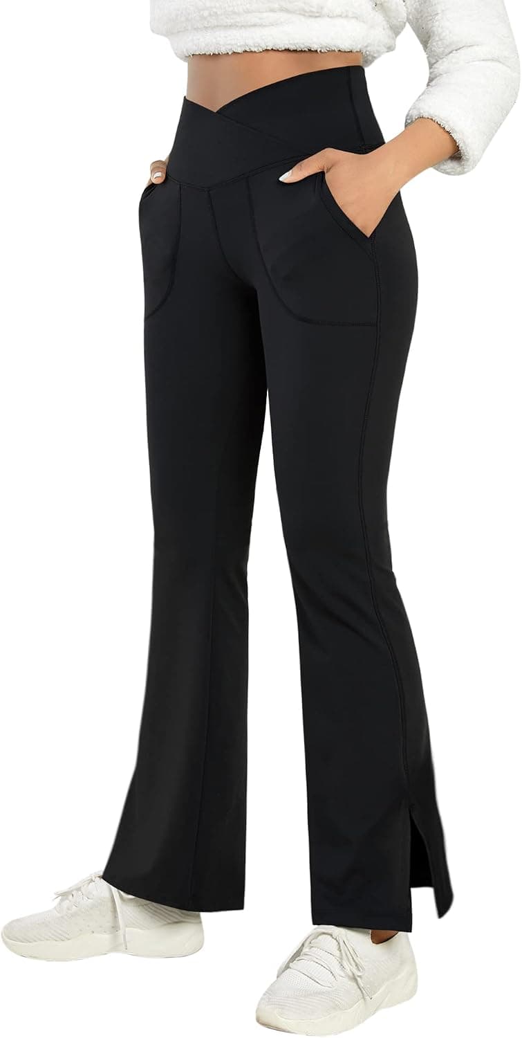 Women's Bootcut Yoga Pants Work Pants Crossover Split Hem Full Length Flare Leggings with Pocket