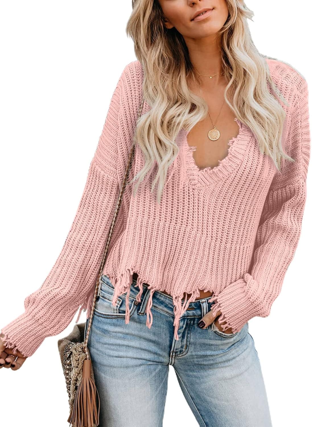 Aleumdr Women's V Neck Ripped Pullover Sweater Solid Oversized Long Sleeve Knit Jumper Top Pink Small 4 6
