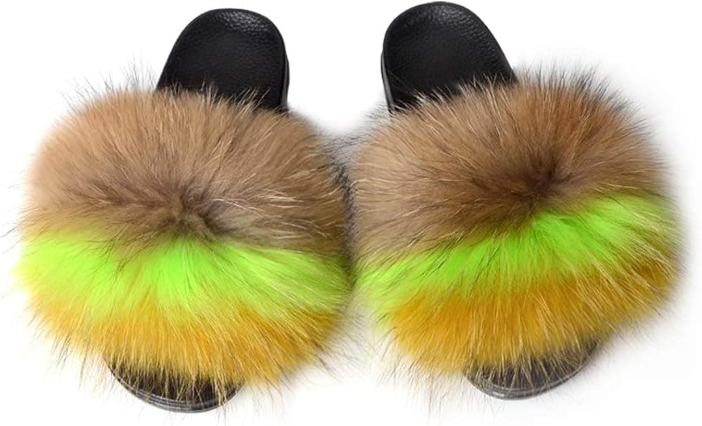 YIJIARAN Womens Luxury Real Raccon Fur Sliders Slippers Furry Slides Fashion Flat Soles Soft Summer Slippers (7, Raccoon-Bright color2)