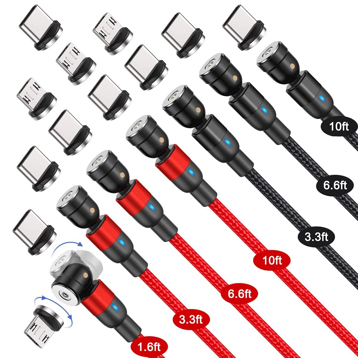 Bojianxin Magnetic Charging Cable（7-Pack, 1.6ft/3.3ft/3.3ft/6.6ft/6.6ft/10ft/10ft） 540° Rotation Magnetic USB Cable, 3 in 1 Magnetic Phone Charger with LED Light Compatible with Micro USB, Type C