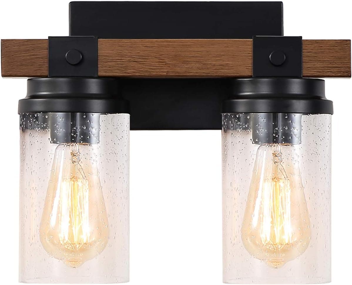 Bsyormak Farmhouse Bathroom Light Fixtures Vanity Lighting 2-Light Wood Grain Seeded Glass Shades Vanity Light, Over Mirror for Dressing Table Mirror Cabinets Art Display Powder Room Foyer Hallway E26