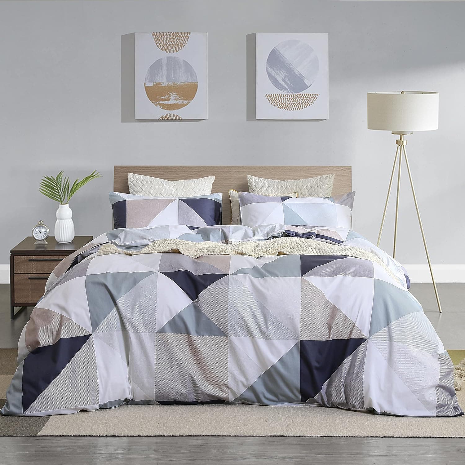 Alanzimo Cotton Duvet Cover Set Queen Size, 100% Natural Cotton Geometric Print Duvet Cover Soft Breathable 3 Piece Bedding Set for All Seasons(1 Queen Comforter Cover + 2 Pillowcases)