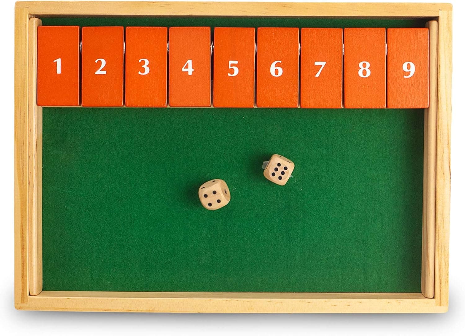 Sterling Games Shut The Box Wooden Game Board with 9 Numbers Dice Included with Felted Rolling Surface