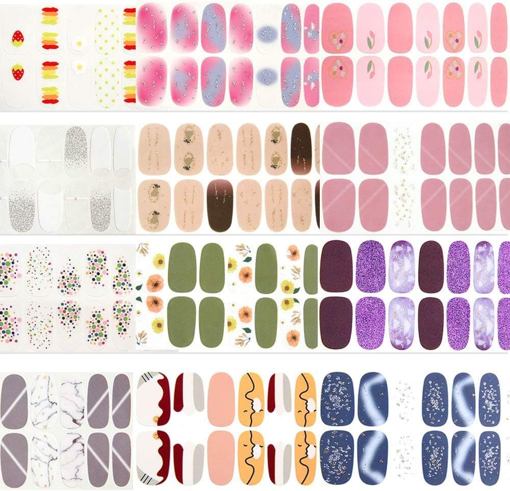 Nail Polish Strips,Full Nail Wraps,12 Sheets Shine Flowers Pattern Nail Sticker,3D DIY Self-Adhesive Nail Art Strips Set with 2 Pcs Nail File,Suitable for Women Girls (Colorful -2)