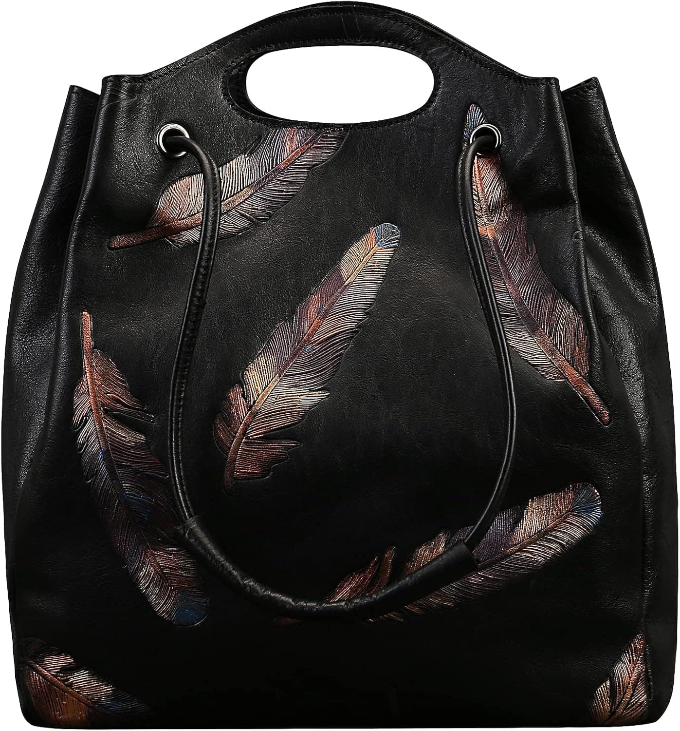 Genuine Leather Handbag for Women,Vintage Design Embossed Feather Totem Purse Organizer Satchel Handmade Satchel Crossbody