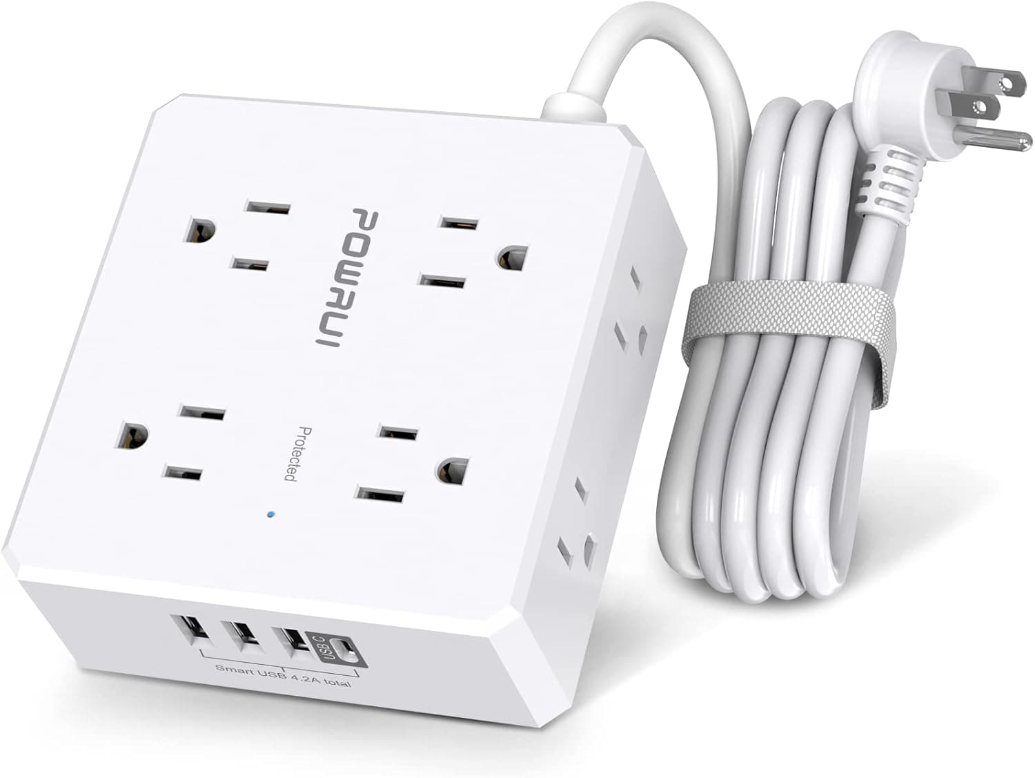 Surge Protector Power Strip - 6 Ft Flat Plug Extension Cord with 8 Widely Outlets and 4 USB Ports(1 USB C), 3 Side Outlet Extender for Home Office, White, ETL Listed