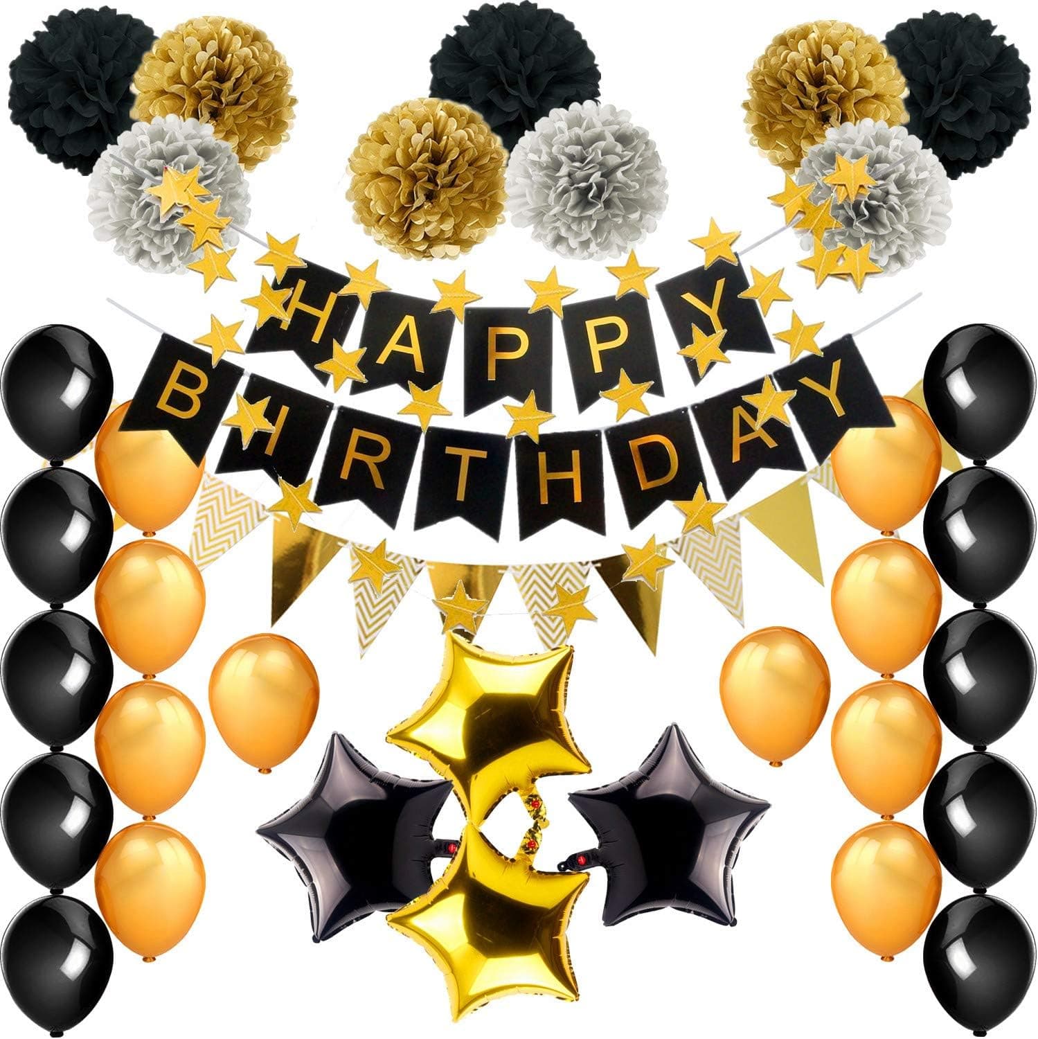 Birthday Decorations, Black and Gold Theme Birthday Party Supplies(99pcs) Happy Birthday Banner Balloons Tissue Paper Pom Poms18th 20th 30th 40th 50th 60th 70th Birthday Decorations 079