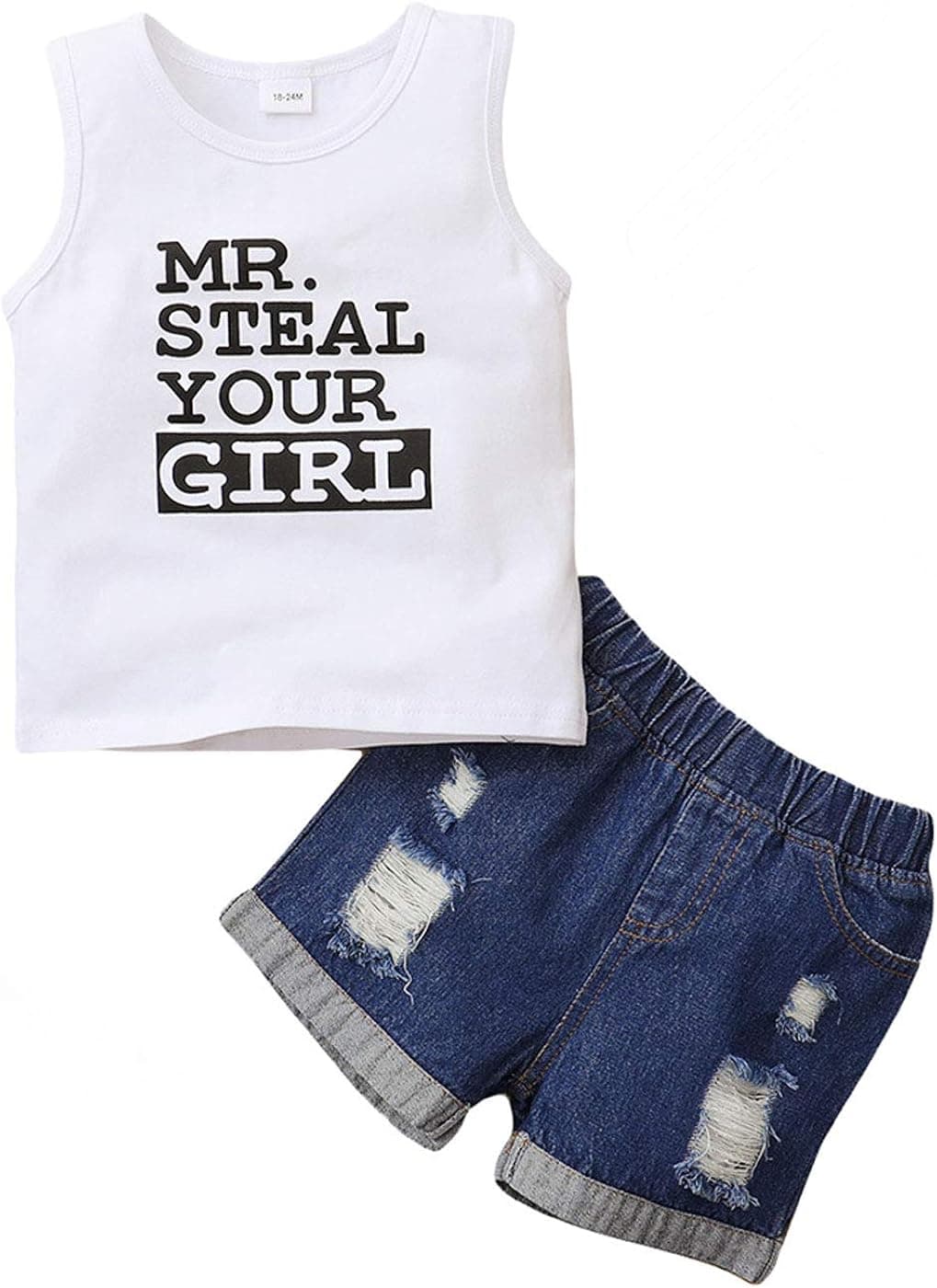 LAPA Baby Boys Shorts Set, Tank Top with Denim Short Jeans 2 Pieces Clothing Set Letter Printed