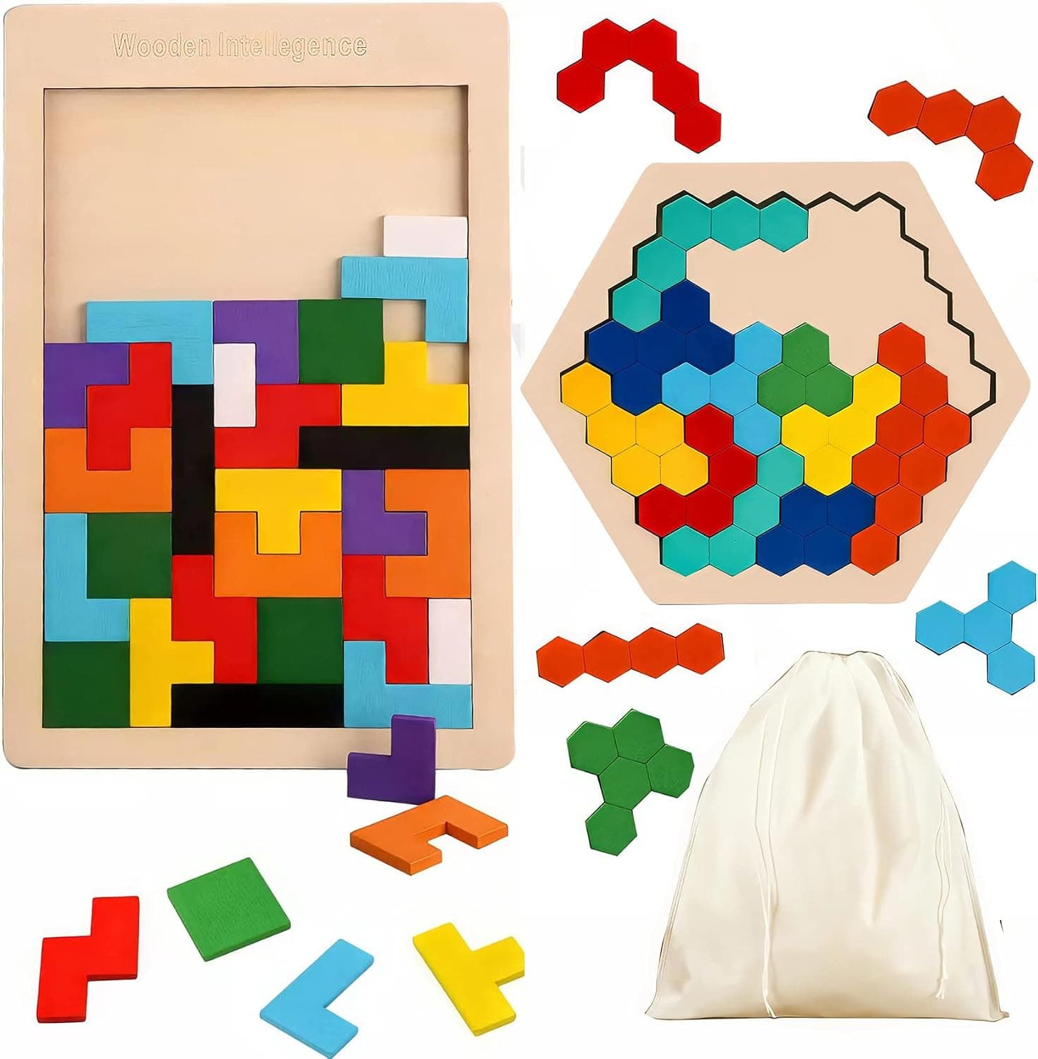2 Pack Wooden Russian Blocks Puzzle & Hexagon Puzzles for Kids & Adults, Wooden Block Puzzle Intelligence Brain Teasers Toy Logic Game STEM Educational Gift for Children