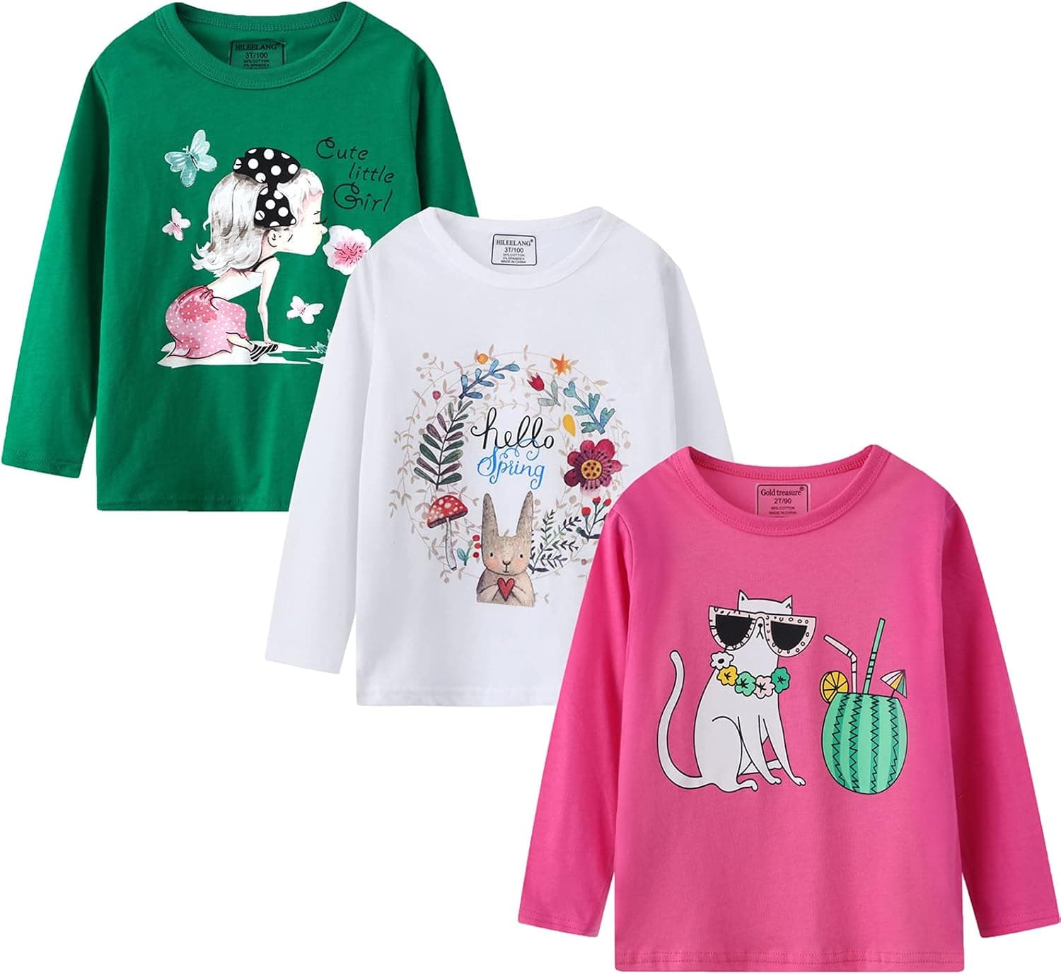 Girl Long Sleeve Tees Tops Shirts Cotton Casual Crewneck Graphic Jersey Tunic T-Shirts 3 Packs Sets