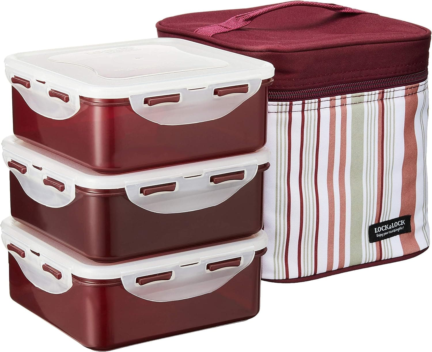 LOCK & LOCK Square Lunch Box 3-Piece Set with Insulated Stripe Bag, Purple, 6.7 x 6.7 x 7.1 inches
