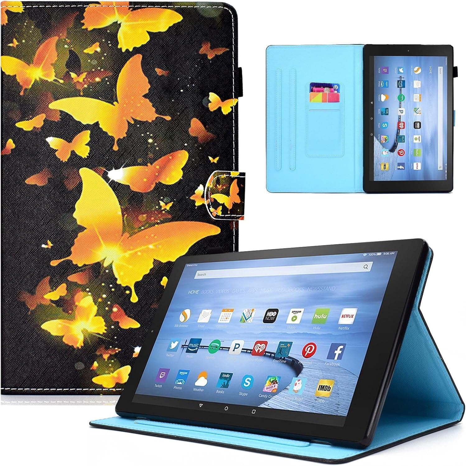 Dteck Folio Case for All-New Amazon Fire HD 10 Tablet (7th Generation, 2017 Release) - Slim Fit Premium PU Leather Stand Cover with Pocket Auto Wake/Sleep for Fire HD 10.1 inch Tablet, Gold Butterfly