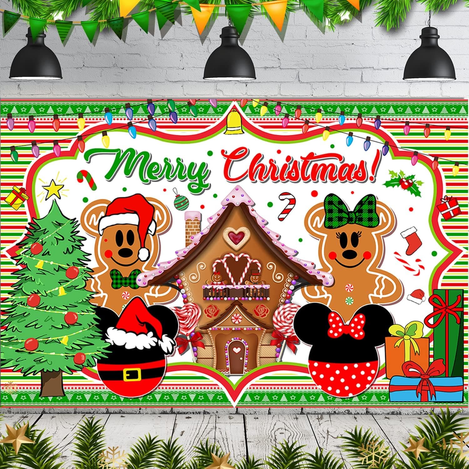 Gingerbread Christmas Backdrop Decoration Mouse Christmas Banner Background Decoration for Xmas Holiday Photo Booth Photography Props Wall Hanging Decor Indoor Outside Front Door Party Supplies