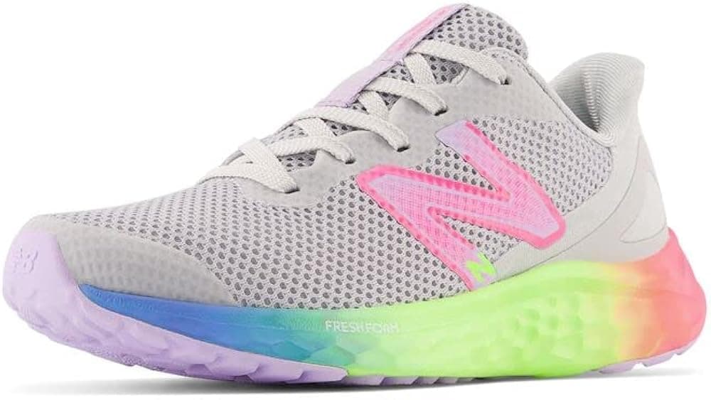 New Balance Girls Fresh Foam Arishi V4 Lace-Up Running Shoe, Light Aluminum/Cyber Lilac/Neon Pink, 11.5 Wide Little Kid