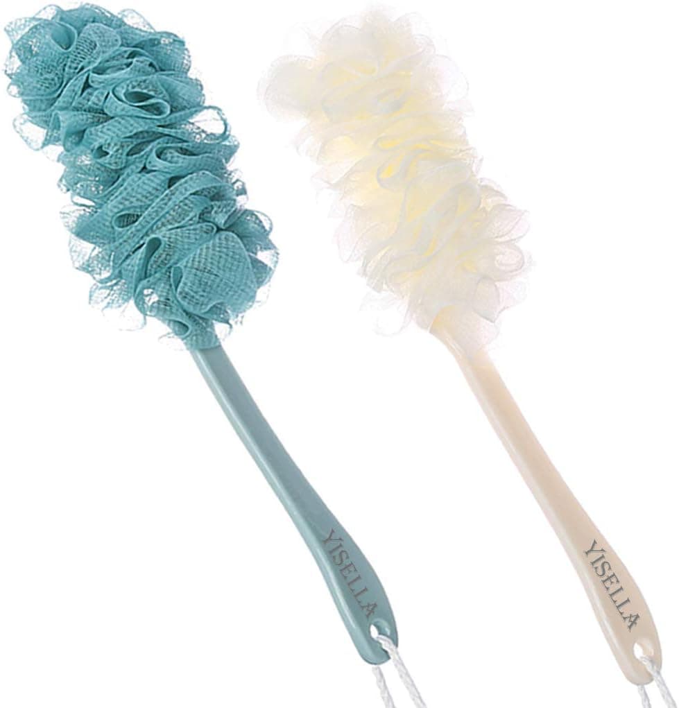 Yisella Shower Brush with Long Handle,Loofah Back Scrubber Blue and White