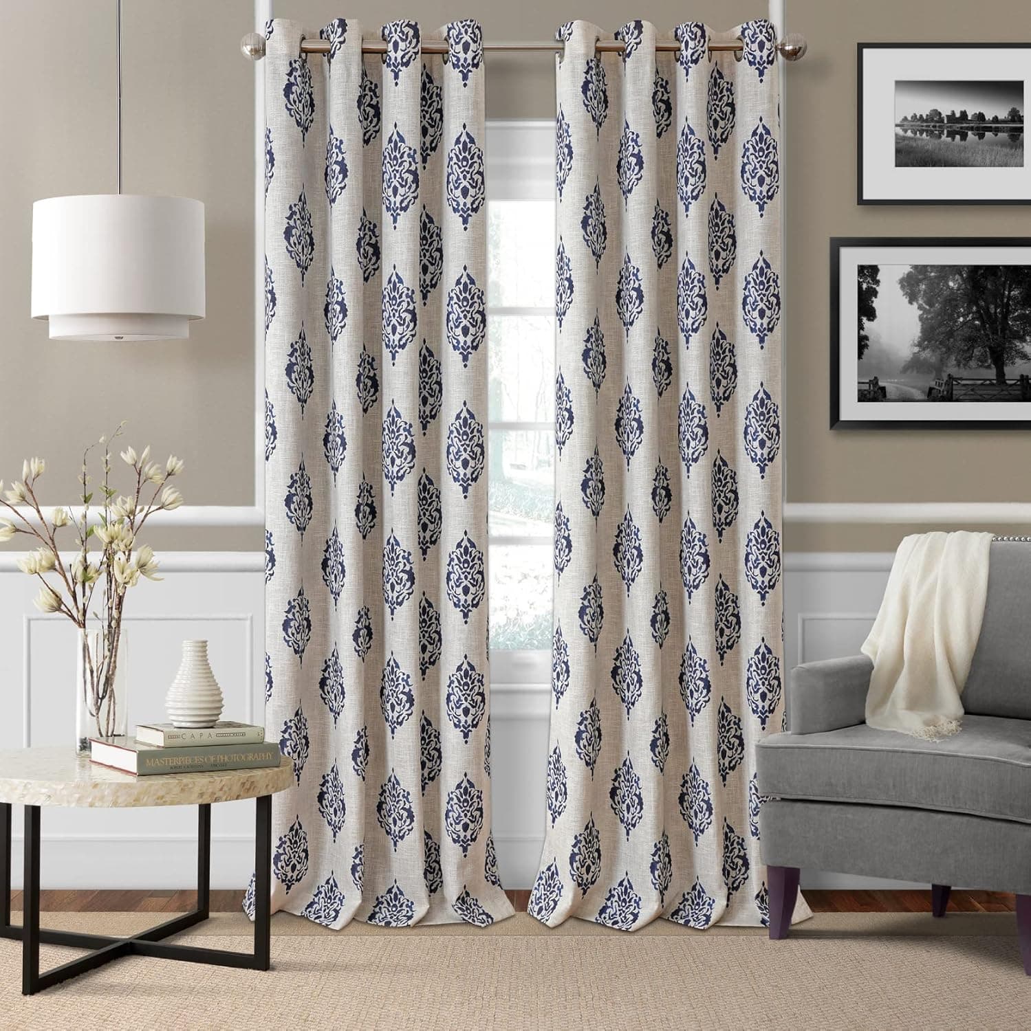 Elrene Home Fashions Navara Medallion Room-Darkening Window Curtain, Single Panel, 52" x 84" (1 Panel), Navy