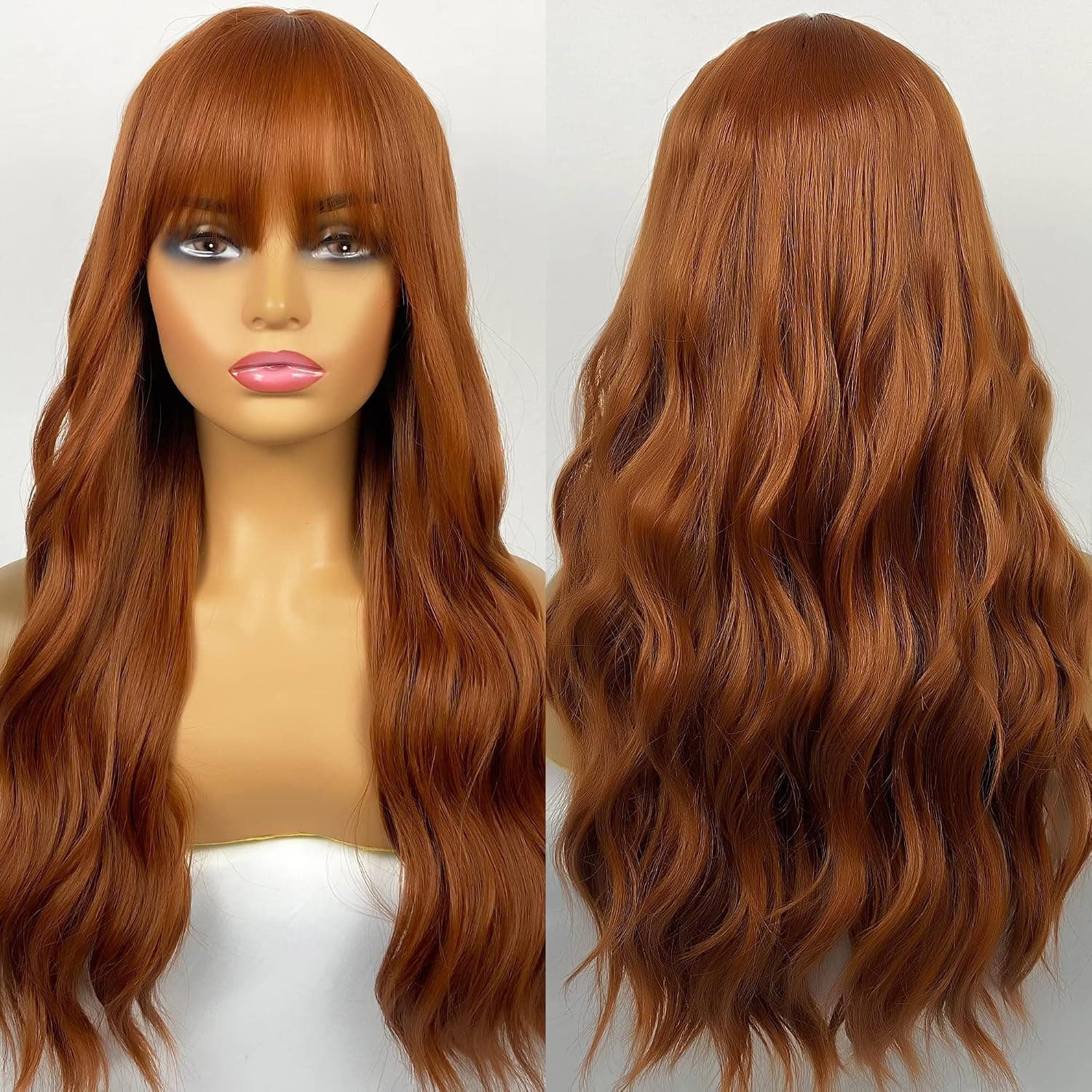 MIMISERVICE 24inch Long Auburn Wavy Wigs with Bangs,Auburn Wavy Curly Wigs for Women,Silky Full Heat Resistant Synthetic Wig for Daily Party Use