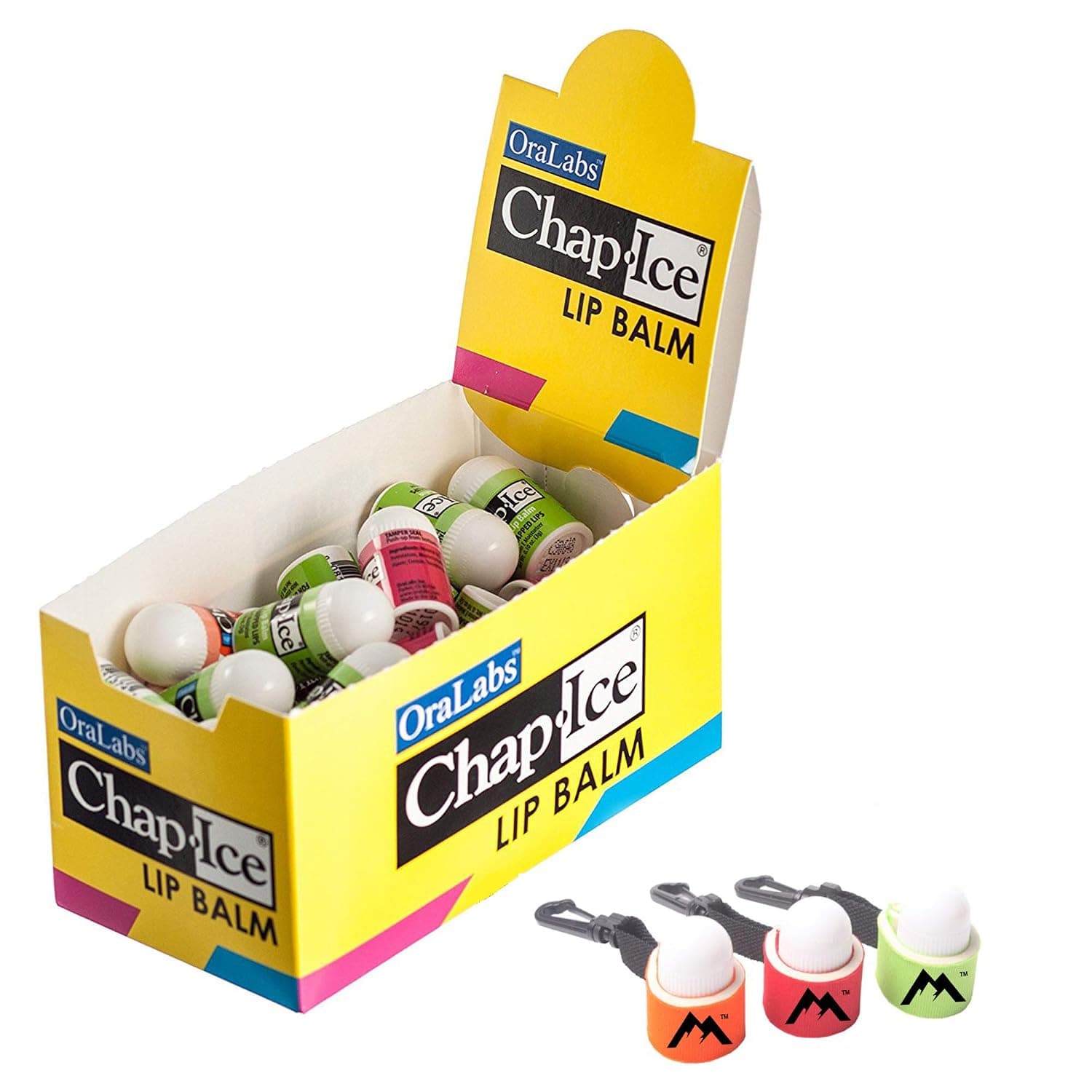 Chap-Ice | mini lip balm assorted flavors - 50 count | Bundle with | mini neoprene sleeve, lip balm holder with swivel clip - 3 pack by Mile High Online (4 items)