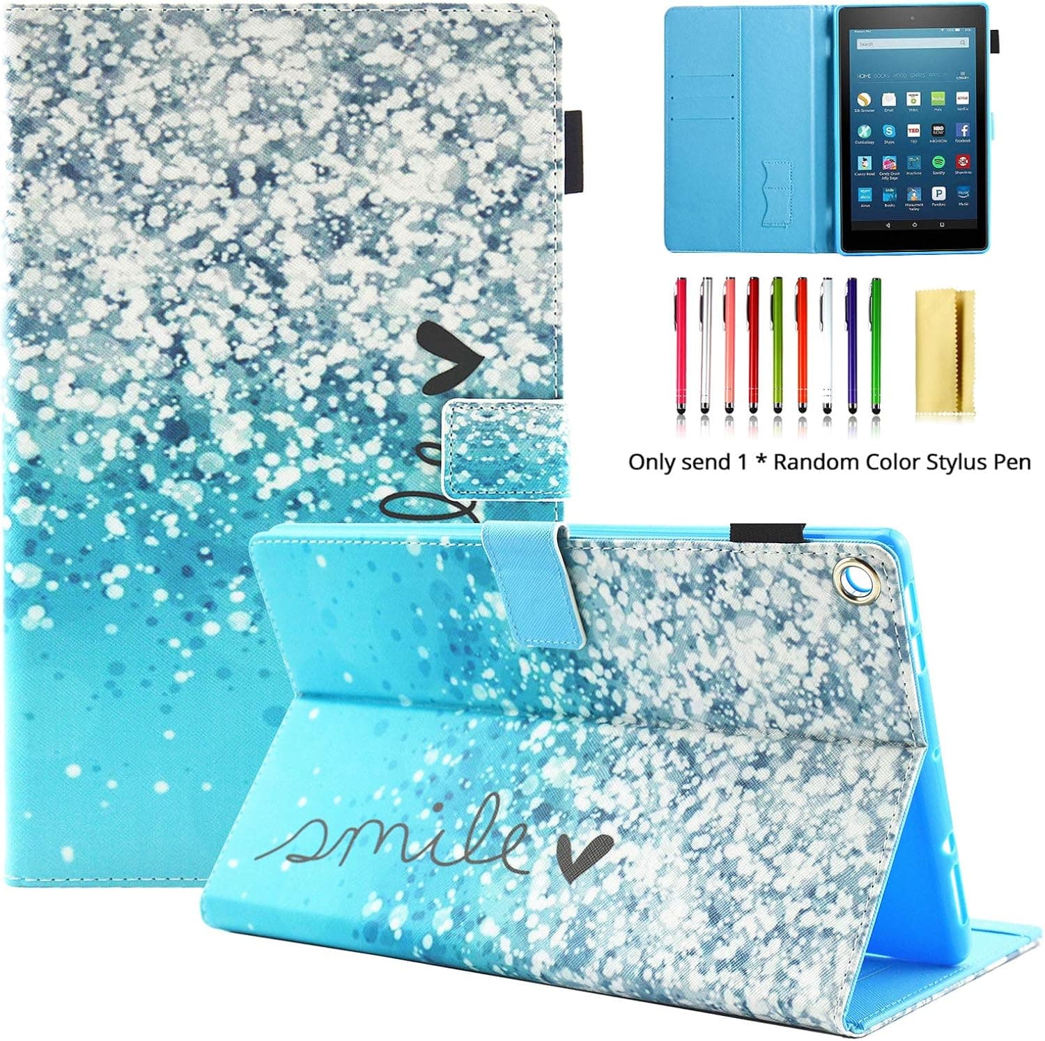 LittleMax(TM),PU Leather Case Flip Stand Protective Auto Wake/Sleep Cover for Amazon Kindle Fire HD 8 7th Gen & 6th Gen with Free Stylus - 05 Blue Sand