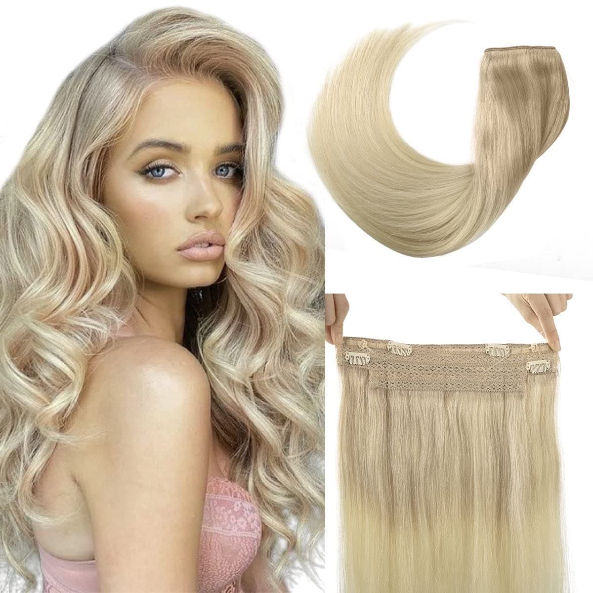 TIVBOES Wire Hair Extensions 16 inch 95g Ash Blonde to Golden Blonde and Platinum Blonde Straight Remy Hair Extensions with Invisible Fish Wire Hair Extensions Real Human Hair