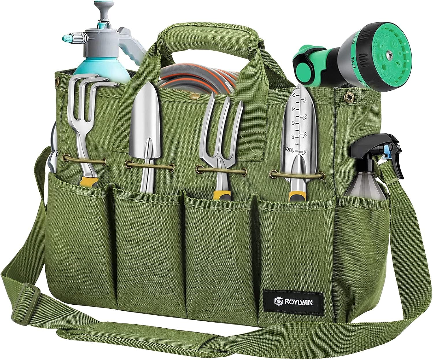 Roylvan Garden Tool Bag, Gardening Tote Bag with Multi-pockets, Long Adjustable Strap Electrician Tool Bags for Men Women, Wear-Resistant Multi-Purpose Tool Bag Organizer, 14-Inch, Dark Green