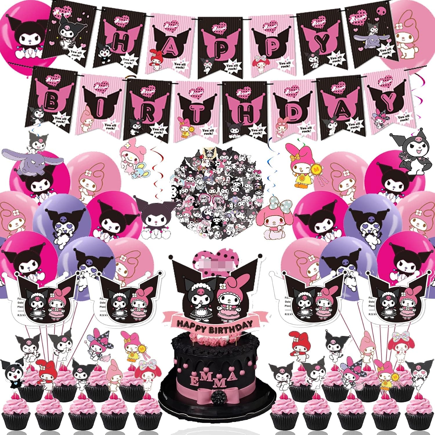 Anime Theme Birthday Party Decorations, 126Pcs Kawaii Cartoon Party Supplies for Girls Boys Includes Banner - Cake Topper - Cupcake Toppers - Balloons - Stickers - Invitation Cards - Hanging Swirls