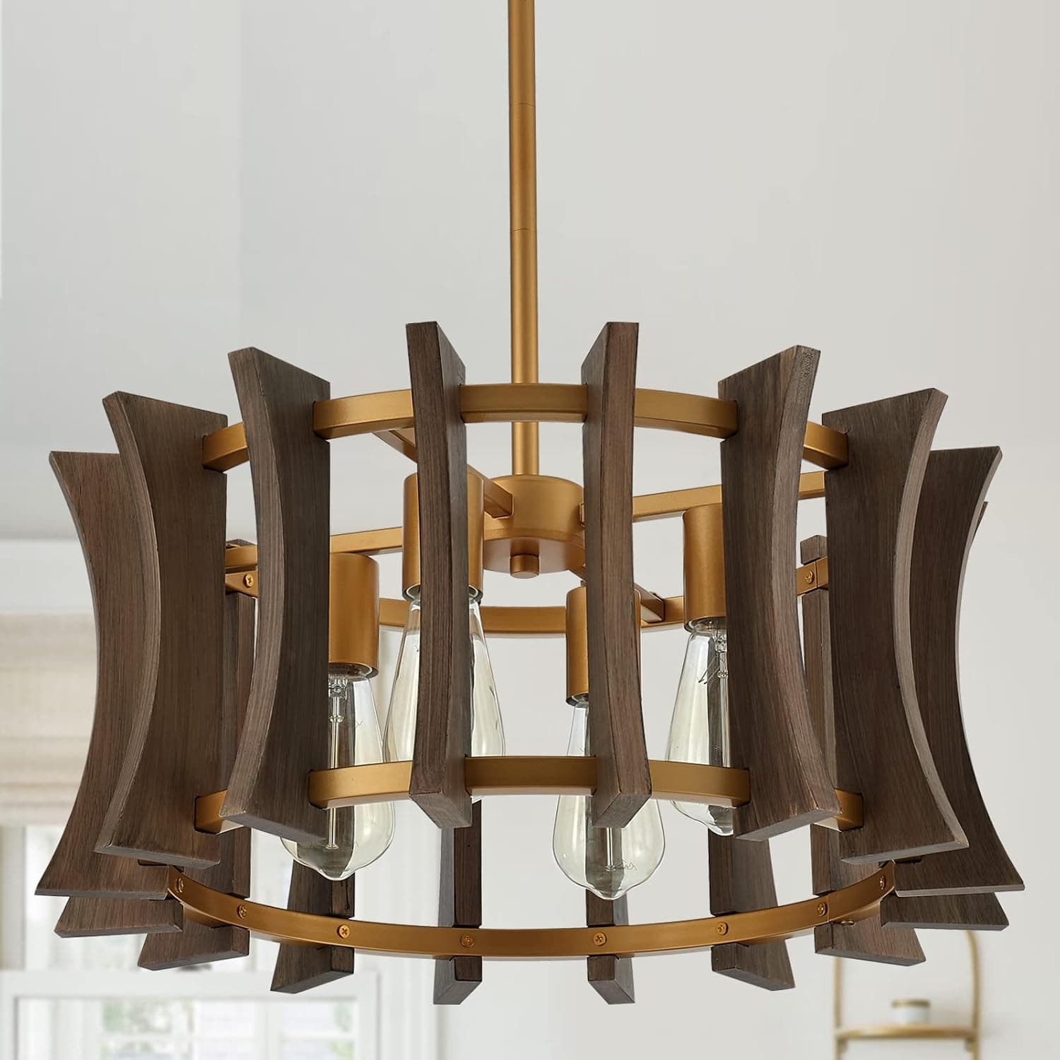 MhyTogn Industrial Wood Chandelier, with Antique Brass Brush Paint Finish Shade Pendant Lighting Fixture for Dining Room Living Room Kitchen Island Bedroom 4-Light