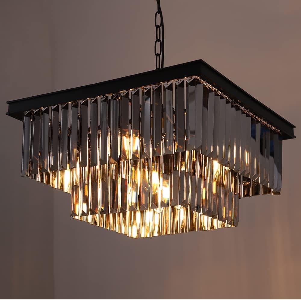 Wellmet Smoke Grey Crystal Chandelier Modern, 9 Lights 2-Tier Odeon Square Glass Prism Chandeliers, Raindrop Ceiling Light Fixture for Foyer Dining Room Bathroom Bedroom, Entryway